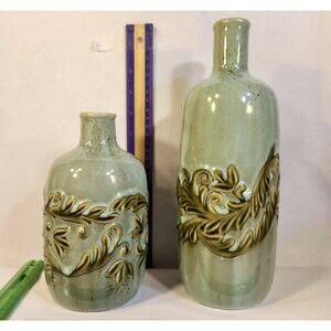 2 Vintage Porcelain Jars Sage‎ Green Leaves Design Made in India 7 and 12 Inches